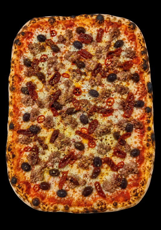 Salsiccia, Pomodori, Olive nere e Peperoncino Quadra