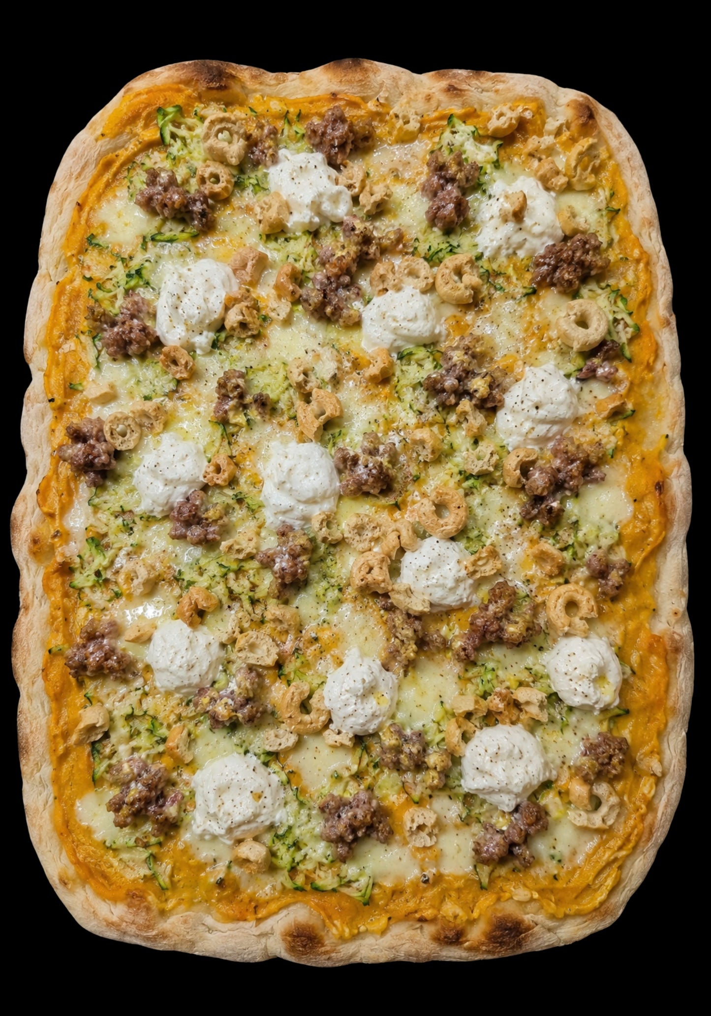 Stracciatella, zucchine,zucca, salsiccia e taralli sbriciolati